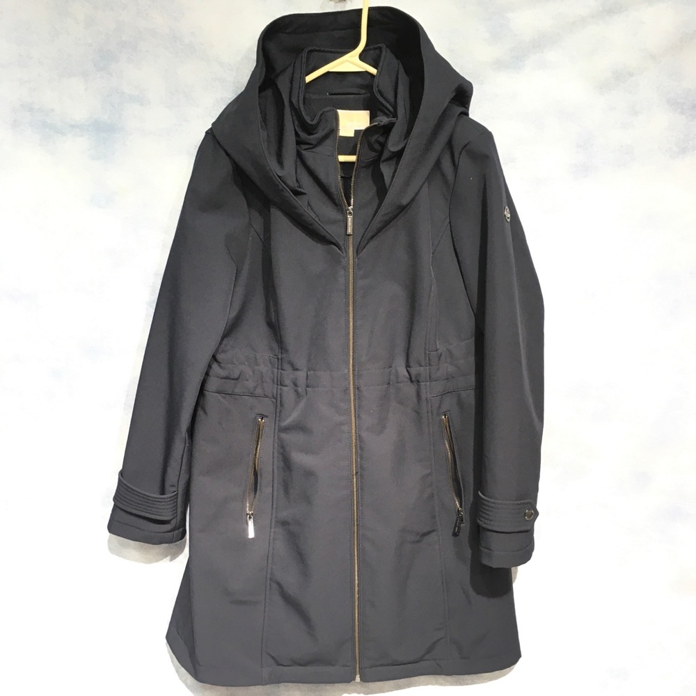 Michael Kors Navy Blue Women's Long Line Zip Technical Hooded Jacket Size Large